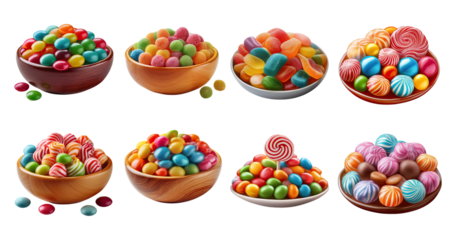 Colorful Candy Bowls with Assorted Treats and Sweets Collection, PNG bundle collection, Isolated on Transparent Background