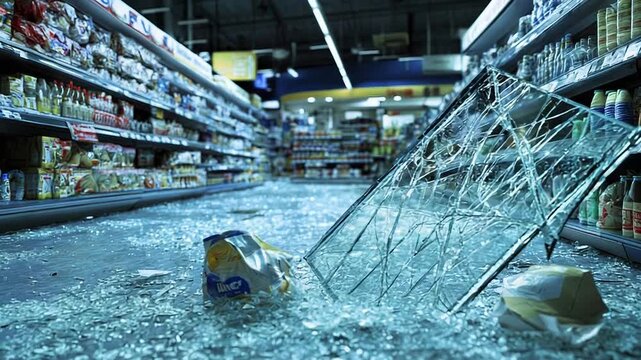 Broken glass and scattered products covering supermarket floor after robbery