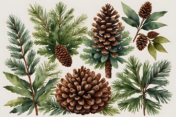 Fototapeta premium Nature-inspired pinecones and foliage in watercolor style