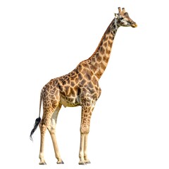 Fototapeta premium A giraffe stands against a white background. Its coat displays distinctive brown patches
