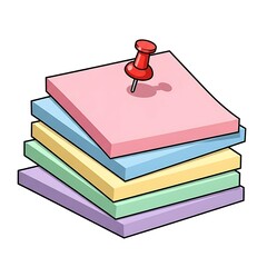 A stack of colorful sticky notes with a red pushpin on top against a white isolated background image