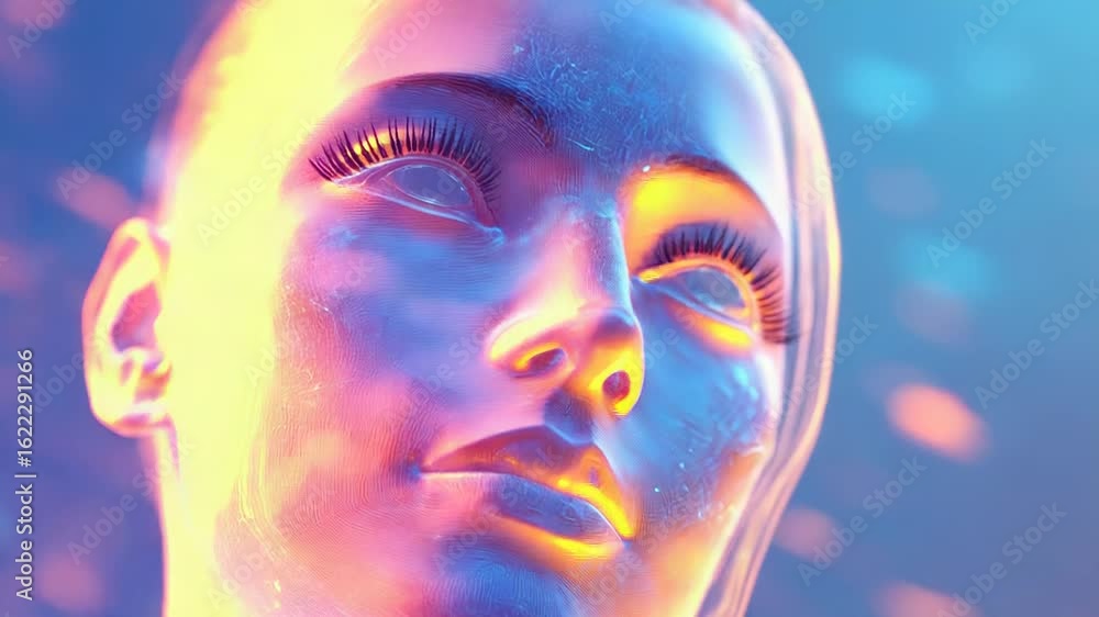Poster artificial intelligence hologram face emerging from futuristic data stream