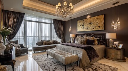 Opulent bedroom with velvet chaise, plush bedding, and ornate lighting fixtures