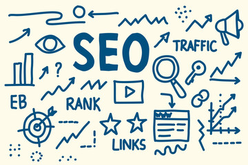 Hand-drawn SEO doodle icon set. Includes search engine optimization elements such as ranking, traffic, analytics, links, and marketing symbols. Perfect for digital marketing, website development.