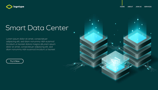 Futuristic data center interface featuring glowing server stacks, sleek UI elements, and a button. Ideal for technology, IT services, and innovation-themed content.