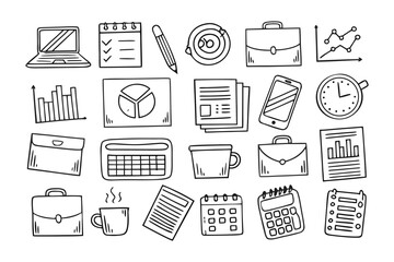 Office Supplies Icon Collection: An assortment of hand-drawn office supplies, including laptops, briefcases, and notebooks, designed in a minimalistic outline style. 