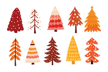 Obraz premium Festive Forest: A vibrant array of hand-drawn Christmas trees, each exuding its unique festive charm. Perfect for holiday design needs.
