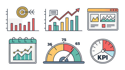 A collection of business charts and graphs representing data analysis and performance tracking metrics