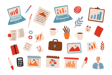 Office Stationery: A collection of office supplies, including laptops, pens, notepads, and charts, create an illustrative overview of work essentials.