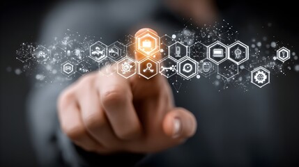 IT Consulting. Businessman holds digital consulting network connecting icon representing IT solutions, focusing on innovation, strategy, optimization, growth, and technology-driven success