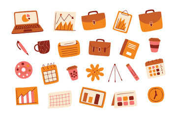 Business Objects: A collection of office supplies, including a laptop displaying a pie chart, briefcases, notebooks, and coffee cups, creates a welcoming environment for productivity