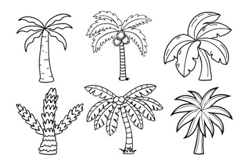 Palm Tree Variety: An assortment of illustrative palm trees, meticulously rendered, offering a versatile resource for design projects, conveying a sense of exotic locales and tropical elegance.