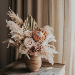 Bohemian dried flower arrangement with protea and pampas grass