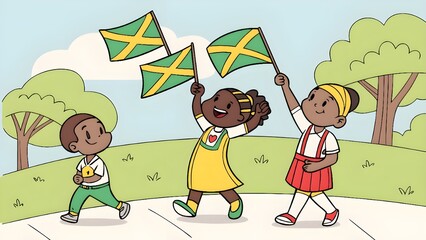 Happy black children waving jamaican flags in a park celebrating independence day