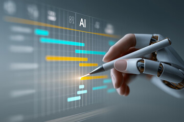 Robot Hand Holding Pen to Operate AI Data Chart, Presenting Intelligent Data Analysis Scenario