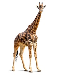 Obraz premium A giraffe stands against a white background, its long neck and patterned coat visible