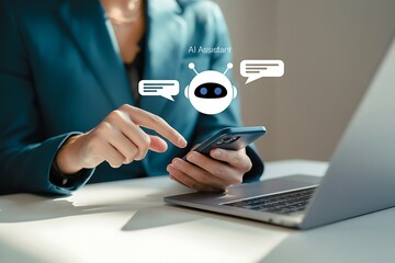 Fototapeta premium Person using smartphone with ai chatbot interface and laptop