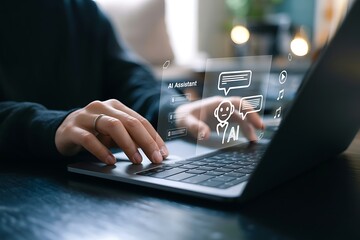 Person typing on a laptop with digital chat bubbles and icons overlayed