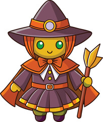 Halloween Witch Costume with Hat, Cape, and Broom – Flat Vector