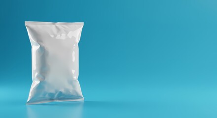 Blank White Flexible Packaging Pouch on Blue Background Product Mockup