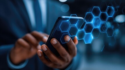 Man Using Smartphone with Futuristic Digital Interface