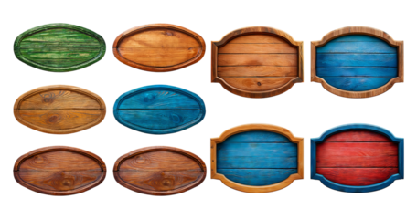 Colorful Wooden Signage Collection with Oval Shapes and Textures, isolated on transparent background