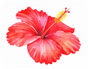 Watercolor painting of a bright red hibiscus flower with yellow stamens, isolated on a white background. Botanical illustration of a tropical flower.