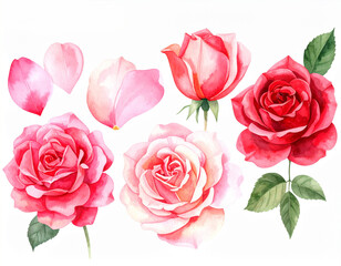 Watercolor illustration of red and pink roses with green leaves on a white background. Floral design element, isolated.