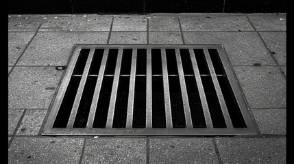 A square metal grate in the middle of a sidewalk.