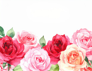 Watercolor illustration of red, pink, and peach roses arranged at the bottom of the image with a white background for text or design.