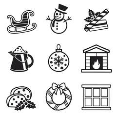 Icon Set Vector of Christmas Holiday Elements with Snowman Sleigh and Ornament in Black and White Outlines