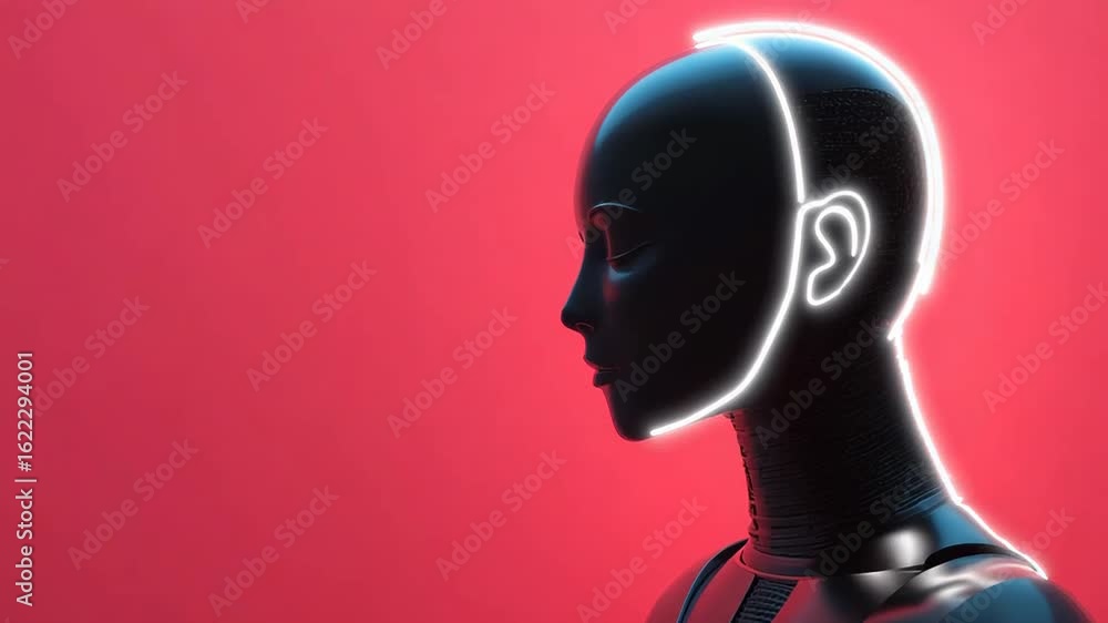 Poster futuristic robot showing artificial intelligence glowing in pink background