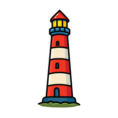 Illustration Vector Graphic Cartoon of a Coastal Lighthouse on a Cliff