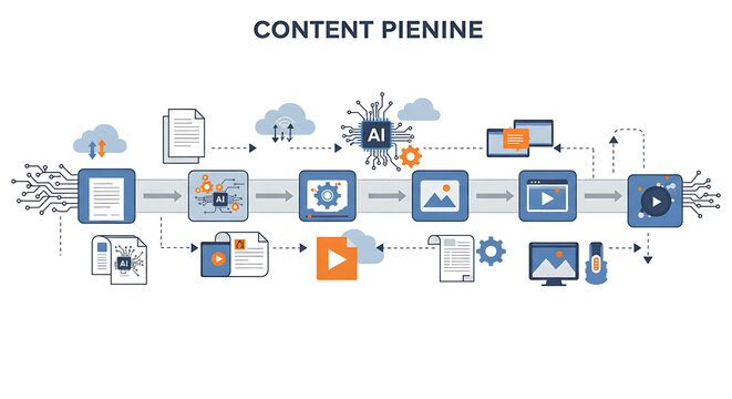 Conceptual illustration of an AI-driven content pipeline for digital media creation and distribution.