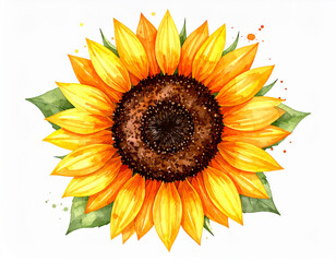 Watercolor illustration of a vibrant sunflower in full bloom, with green leaves and artistic splatters, set against a clean white background.