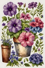 Petunia blooms in a pot in watercolor style