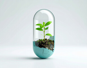 Conceptual image of a plant growing inside a cracked capsule, symbolizing growth, medicine, or environmental awareness.