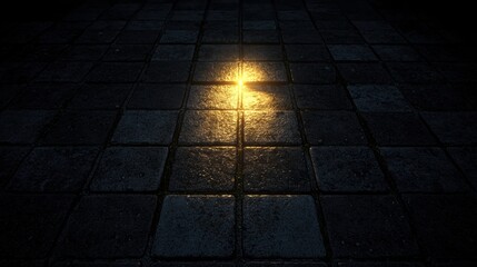 A dimly lit room with a single light source casting a glow on the floor.