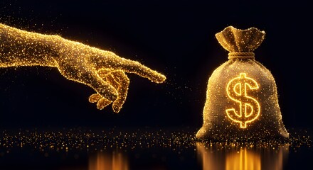 Abstract human hand reaching for a glowing money bag with dollar sign. Concept of finance, wealth, investment, and success.
