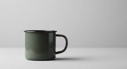 Sage Green Enamel Mug with Black Rim on White Background