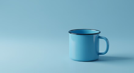 Minimalist Blue Enamel Mug on Light Blue Background Perfect for Branding Design and Marketing Projects