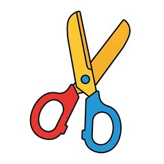 A cartoon image of scissors with yellow blades and red and blue handles on a white background view