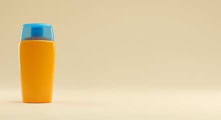 Minimalist Product Shot Orange Spray Bottle with Blue Cap on Beige Background