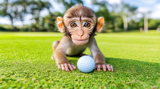 Baby monkey playing golf on green, course background