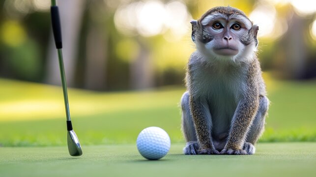 Curious monkey sits on golf green with golf ball and club