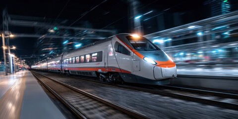 Fototapeta premium High-Speed Train in Motion at Night Station