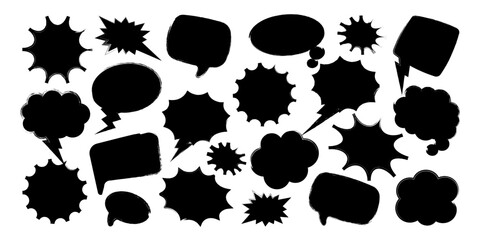 Grunge comic speech bubbles with brush strokes, ink smudges, acrylic stains or charcoal streaks. Hand drawn retro cartoon stickers. Chatting, message box. Vector illustration