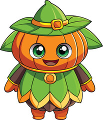 Halloween Pumpkin Head Costume with Leaf Hat – Flat Vector