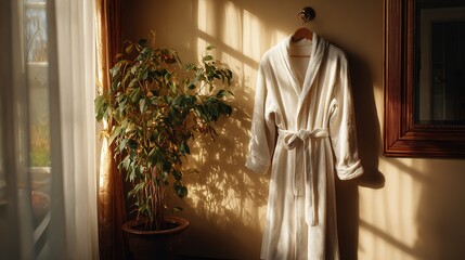 fluffy white bathrobe hangs on  wall next to  potted plant and  wooden framed mirror
