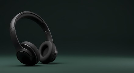 Sleek Black Headphones on Dark Green Background Minimalist Audio Product Shot